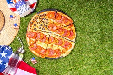 Sticker - july 4th holiday party pizza, Fourth of July, Patriotic Independence day festive and picnic food. Pepperoni, tomato and black olive pizza with lot of mozzarella, in form of American flag