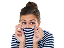 Isolated Woman, Hide Face And Sweater With Fear, Anxiety Or Shy With Transparent Png Background. Girl, Cover Mouth And Nose With Shirt For Smell, Funny And Scared With Looking, Fashion And Clothes