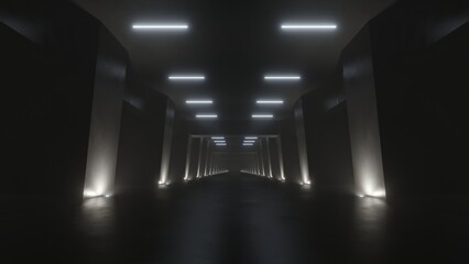 Wall Mural - 3d render of dark abstract concrete interior tunnel design with lighting. 