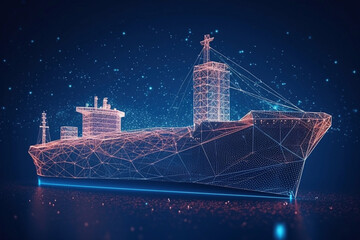 Poster - Worldwide cargo ship. Polygonal wireframe mesh art looks like constellation on dark blue night sky with dots and stars. . Generative AI