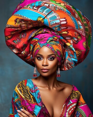 Portrait of an African American woman in a turban with African print. Generative AI