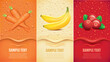 Drinks and juice background with drops and carrot, banana, cranberry	
