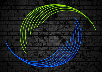 Wall Mural - Blue green neon curved lines on black brick grunge wall. Abstract vector background