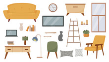 Set Of Furniture And Decor Elements, Interior Item Collection, Sofa, Armchair, Plant, Desk, Window, Tv, Books, Vase, Lamp, Shelf, Pillow, Vector Modern Illustration