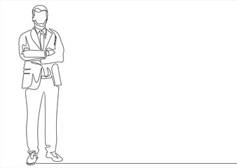 Wall Mural - business man in a crossed his arms thinking - continuous line drawing