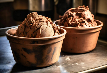 a large scoop of chocolate ice cream in two containers