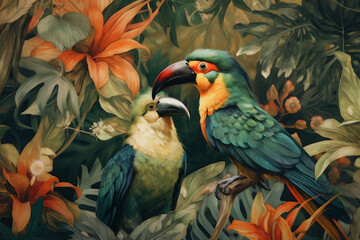 Wall Mural - exotic tropical leaf nature bird palm art jungle flower wallpaper. Generative AI.