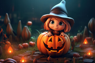 Cute girl and halloween-decorated pumpkin in fairytale dark forest. Little witch in hat, halloween holiday concept. Generative AI illustration