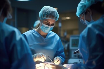 photo of a female doctor performing surgery in an operating room. generative ai