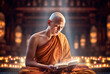 Tibetan monk prays in the temple. Generative AI.