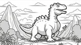 Fototapeta Dinusie - Dinosaur, prehistoric landscape. Cartoon style, kids content. White background.  Coloring page. Ai illustration, fantasy digital painting, Generative AI