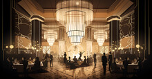 An Art Deco-inspired Illustration Of A Luxurious Ballroom From The 1920s, Featuring Geometric Patterns, Elegant Furniture, And Opulent Chandeliers. Render It In High Definition With Dramatic Lighting 