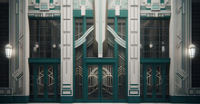 Visual Representation Of A Grand Art Deco Architectural Facade, Showcasing Bold Geometric Shapes, Sleek Lines, And Decorative Elements. Render It In High Resolution, Emphasizing The Symmetrical Compos