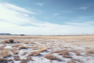 A landscape photograph featuring a vast expanse of empty space, such as a desert field. Generative AI