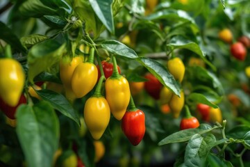 Wall Mural - Growing sweet peppers in a greenhouse close-up. Generative AI