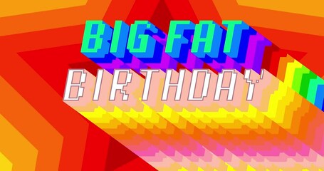 Poster - Big Fat Birthday. 4k animated word with long layered multicolored shadow with the colors of a rainbow on black background.