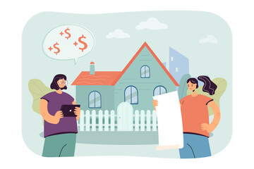 Wall Mural - Confused women planning budget vector illustration. Cartoon drawing of married couple counting bills, budget or expenses management. Household spending, finances, budget, economy concept