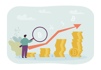 Wall Mural - Tiny man with magnifier and increasing cryptocurrency chart. Financial growth of crypto, value or cost increase of virtual money vector illustration. Cryptocurrency, investment, finances concept