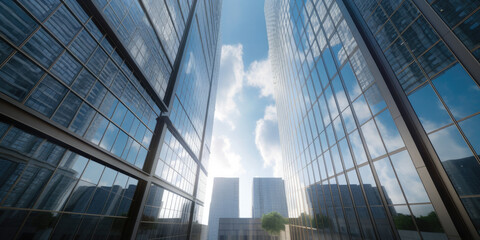 Wall Mural - View from below of modern corporate office buildings. Generative AI