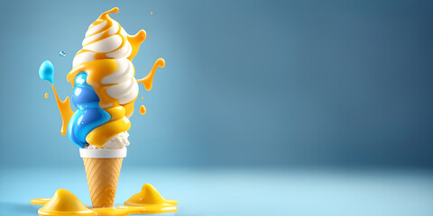 Photo melting ice cream cone with sweet yellow and blue caramel. Generative AI