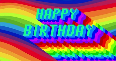 Poster - Happy Birthday. 4k animated word with long layered multicolored shadow with the colors of a rainbow on black background.