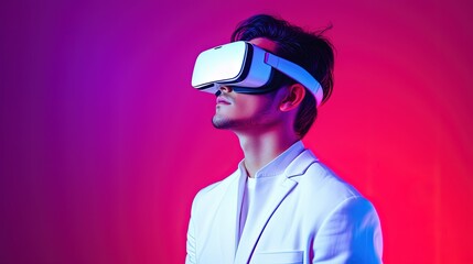 Portrait of a young man wearing virtual reality goggles against colourful background.Generative Ai