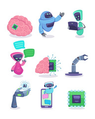 Aufkleber - Comic robots and memory chips vector illustrations set. Cartoon drawings of chatbot characters, robotic hands, brain with microchip. Artificial intelligence, programming, modern technology concept