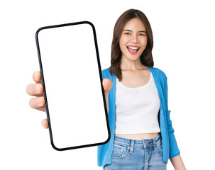 Beautiful Asian woman holding smartphone mockup of blank screen and smiling on background.