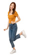 © sitthiphong - Happy smiling Asian woman wearing casual orange t-shirt and have fun and stand on one leg.