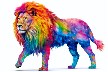 Poster - drawing of multicolor lion isolated on white background. Generated by AI.