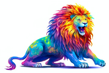 Sticker - drawing of multicolor lion isolated on white background. Generated by AI.