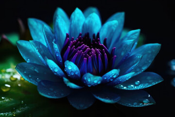 Wall Mural - Bright neon blue colorful lotus flower bloom. Vivid waterlily closeup floral background. 