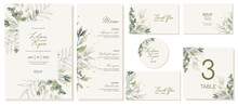 Big Set Of Rustic Wedding Cards With Green Leaves And Branches. Wedding Invitations, Cards, Stickers, Tags, Menus In Watercolor Style. Vector