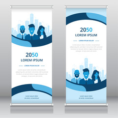 Professional roll up banner or retractable banner template with business people and cityscape artwork, Vertical signboard template, Trade show banner, Standee template, X-banner template, Flag banner