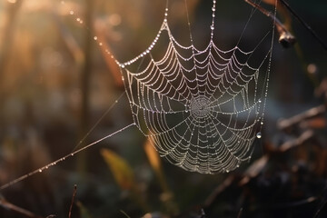 Morning spider web with dew drops. Water moisture on the delicate silk web. Spring closeup.