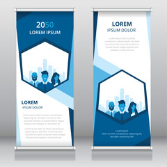 Wall Mural - Professional roll up banner or retractable banner template with business people and cityscape artwork, Vertical signboard template, Trade show banner, Standee template, X-banner template, Flag banner