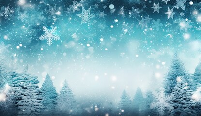Wall Mural - Blue winter snowy landscape with snowflakes and blue sky. Snow covered tree card. Copy space. Season, winter, Christmas. Generative AI.