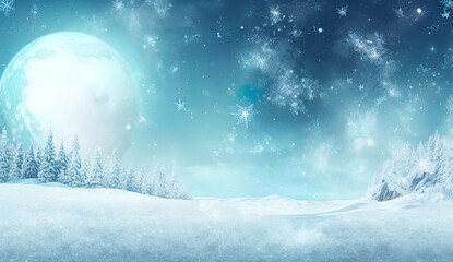 Wall Mural - Blue winter snowy landscape with snowflakes and blue sky. Snow covered tree card. Copy space. Season, winter, Christmas. Generative AI.