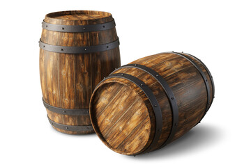 Wall Mural - two wooden barrels, standing upright and lying down, isolated on an empty background. 3d rendering