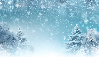 Wall Mural - Blue winter snowy landscape with snowflakes and blue sky. Snow covered tree card. Copy space. Season, winter, Christmas. Generative AI.