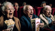 Group of seniors with popcornis watching a horror movie in the cinema. Generative AI.