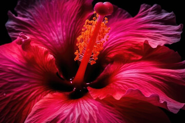 Wall Mural - Colorful neon pink tropical hibiscus flower background. Vivid bright petal closeup.
