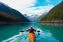 Kayaking In Alaska, A Person With Kayak Enjoying A Stunning View Of Alaska. Generative AI
