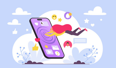 Aufkleber - Danger of social media addiction vector illustration. Cartoon tiny woman and smartphone addict diving into hole in phone screen with app icons and online messages, addicted girl with gadget dependence