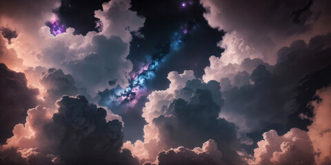 Wall Mural - voluminous clouds at night against a backdrop of dark blue sky adorned with stars and milky way gala