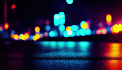 Poster - abstract cityscape background at night with bokeh defocused lights.  Focal point in the foreground for text or product placement, copy space. 