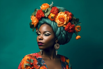 Portrait of young sensual african american woman with flowers in hair on green. Generative AI