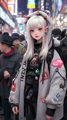 Wall Mural - cybergoth style cool cyberpunk girl wearing a loose long jacket, animation and game character design concept art. generative AI