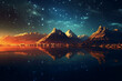 Golden fantasy starry sky at night, towering mountains, clear sparkling lake surface. AI generative