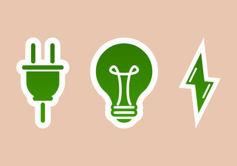 Green electric plug with light bulb energy power thunderbolt eco sticker icon flat vector design